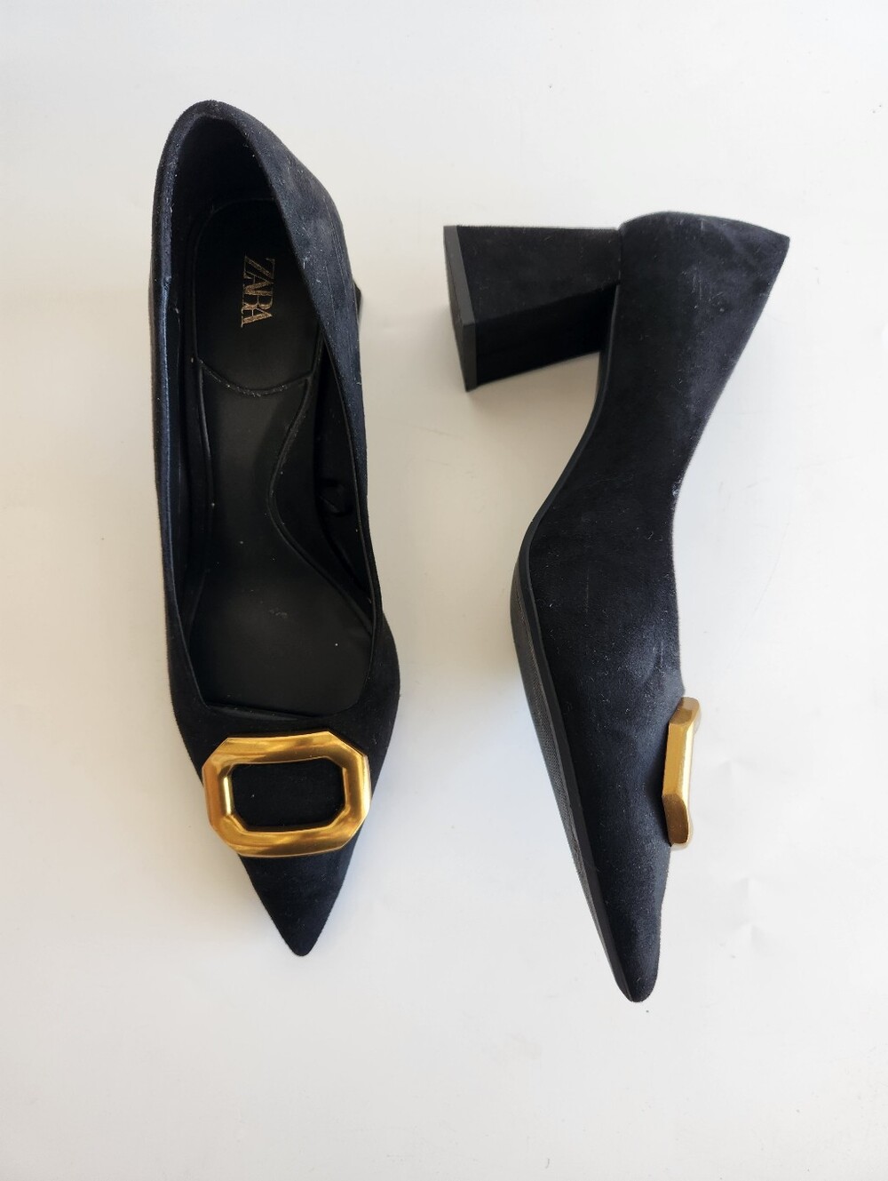 Zara Black Suede Pointed Toe Block Heel Big Buckle Heels Shoes Size 10